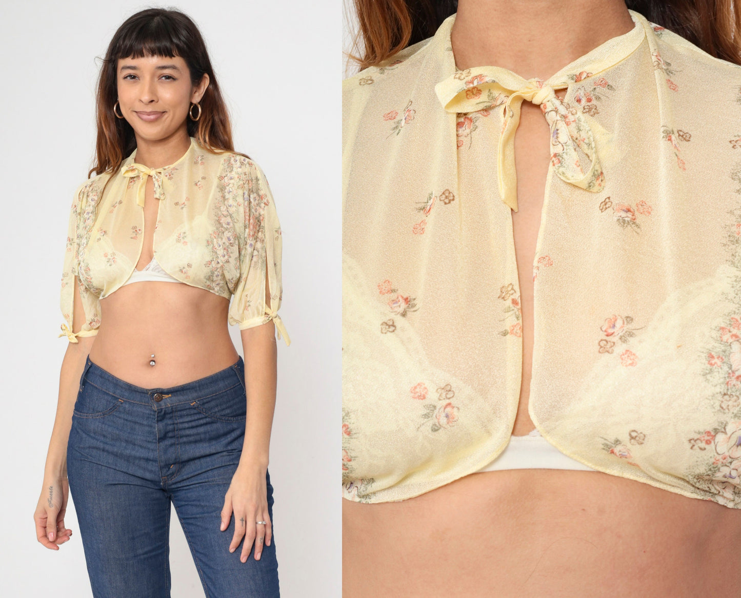 70s Yellow Floral Bolero Jacket Sheer Crop Open Front Tie Chest Small Medium