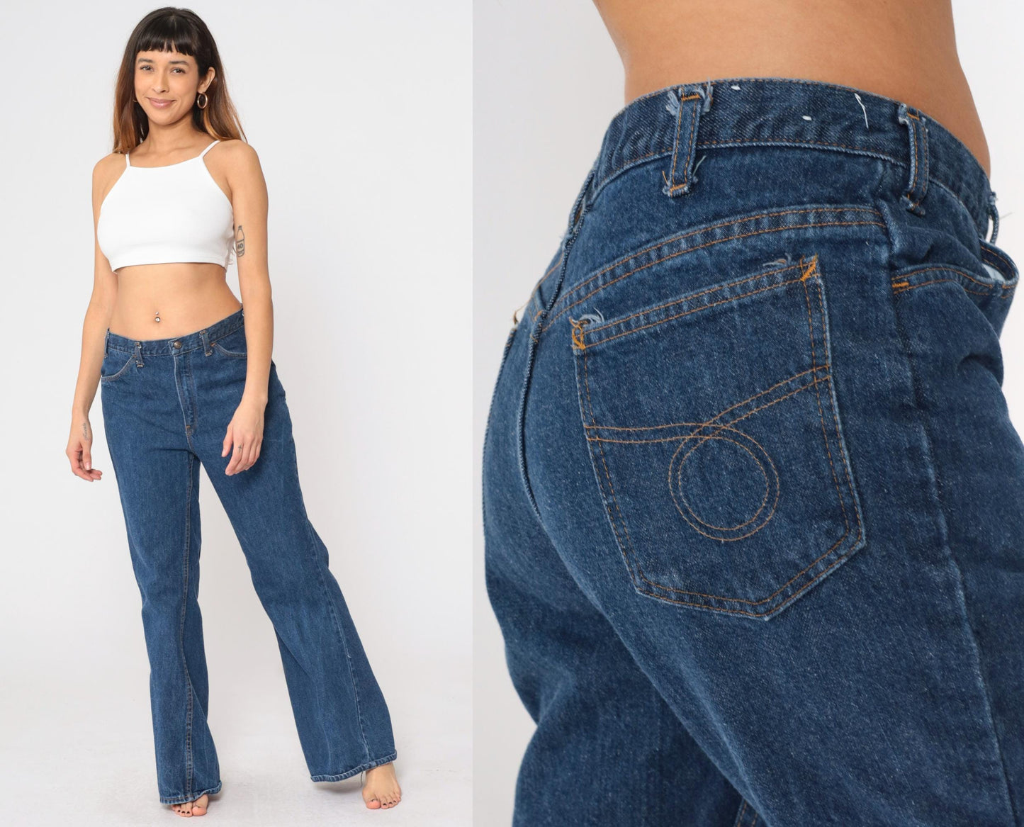 80s Dark Blue Denim High-Rise Boot Cut Jeans Medium 33