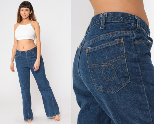 80s Dark Blue Denim High-Rise Boot Cut Jeans Medium 33