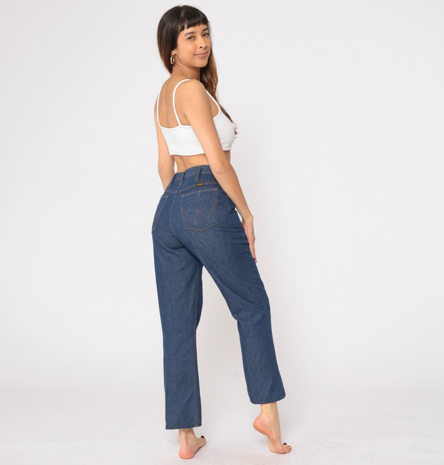 70s Wrangler Flare Jeans High Waist Dark Blue Denim Men's 32x36
