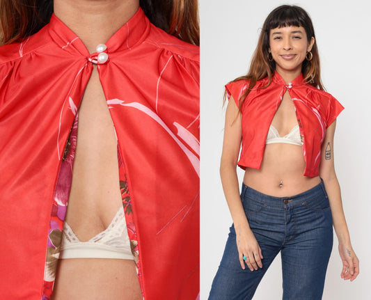 70s Red Floral Crop Top Mandarin Collar Pearl Button Shirt Small S