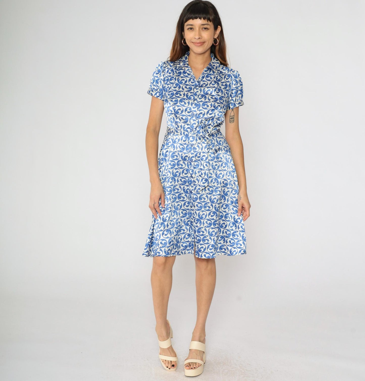 80s JG Hook Blue White Geometric Midi Shirt Dress Puff Sleeve Button Front Small