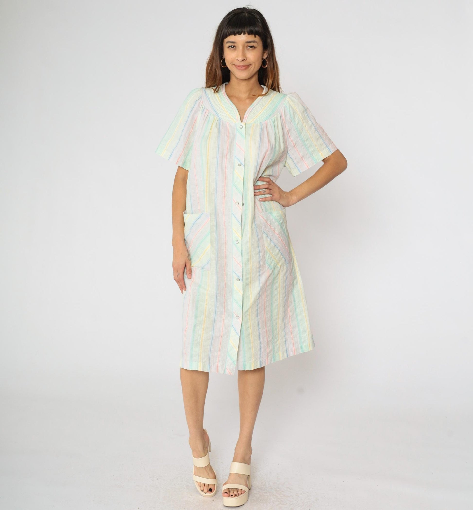 80s Barbizon Pastel Seersucker Midi Dress Puff Sleeve Pearl Snap Medium M
