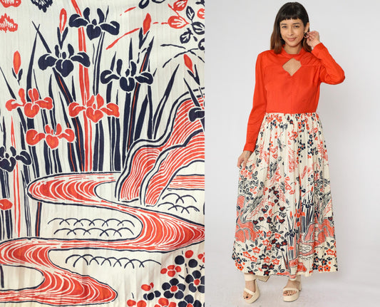 70s Red Floral Japanese Scenic Print Maxi Dress Long Sleeve Keyhole Neckline Large