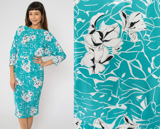 80s Turquoise Floral Midi Dress Keyhole Back Dolman Sleeve High Waist Small