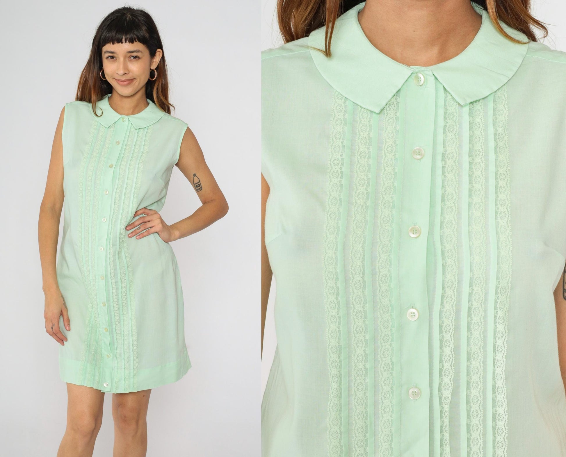 60s Mint Green Peter Pan Collar Mini Dress Sleeveless Button Front Medium