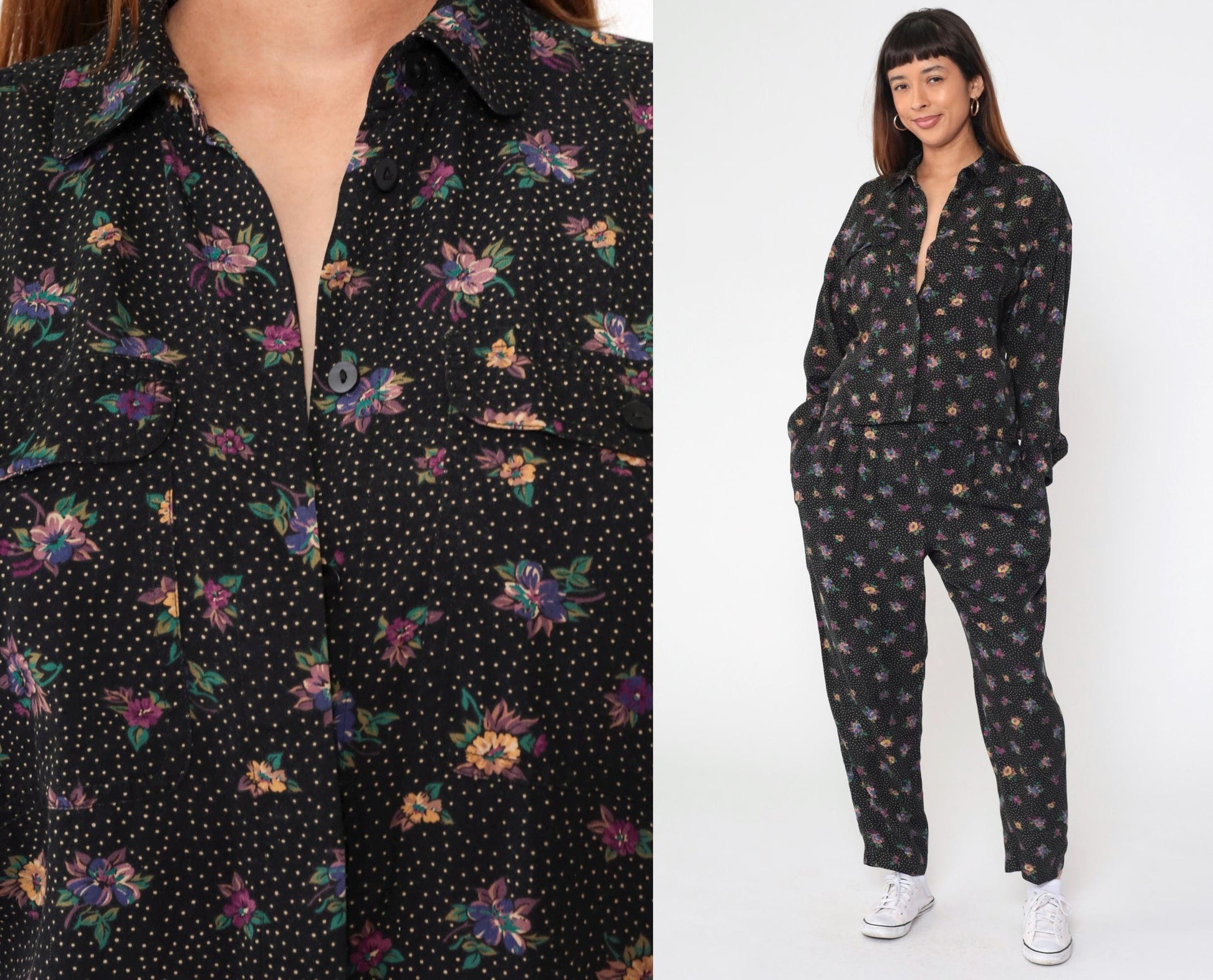 90s Liz Claiborne Floral Polka Dot Two Piece Set Black Button Up Blouse Tapered Pants Medium