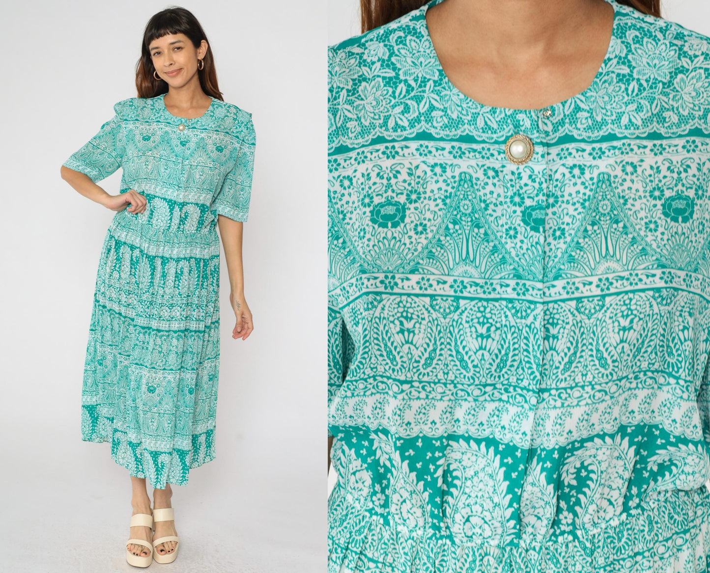 80s Green Paisley Midi Shirtwaist Dress High Waisted Pleated Short Sleeve Large L