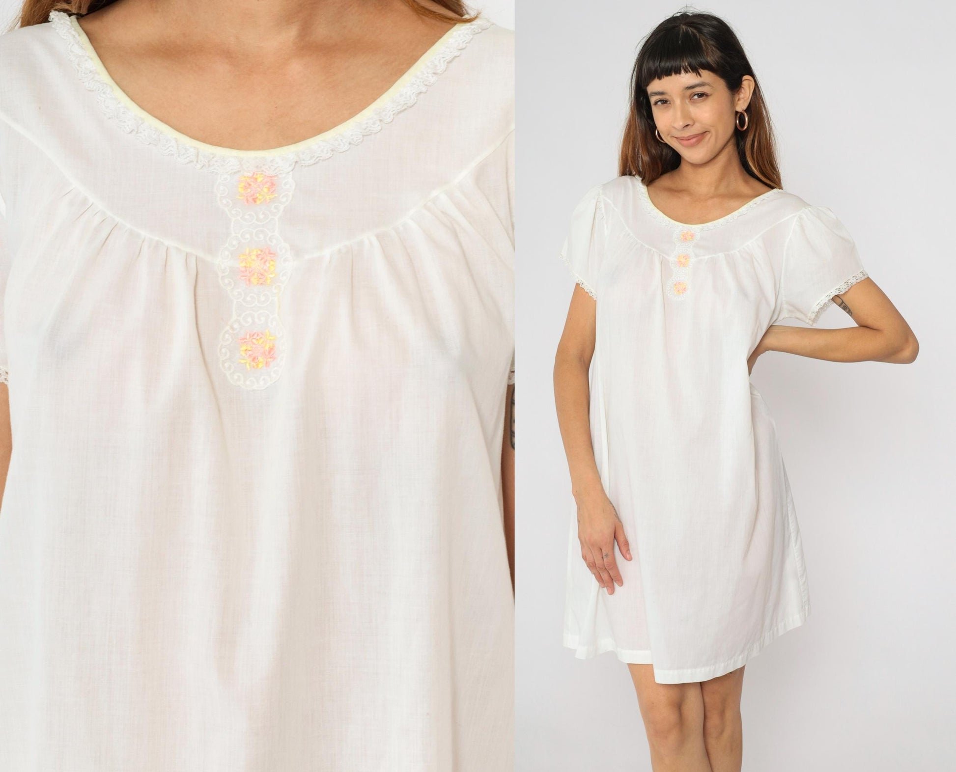 70s Lorraine White Floral Embroidered Nightgown Puff Sleeve Lace Trim Medium