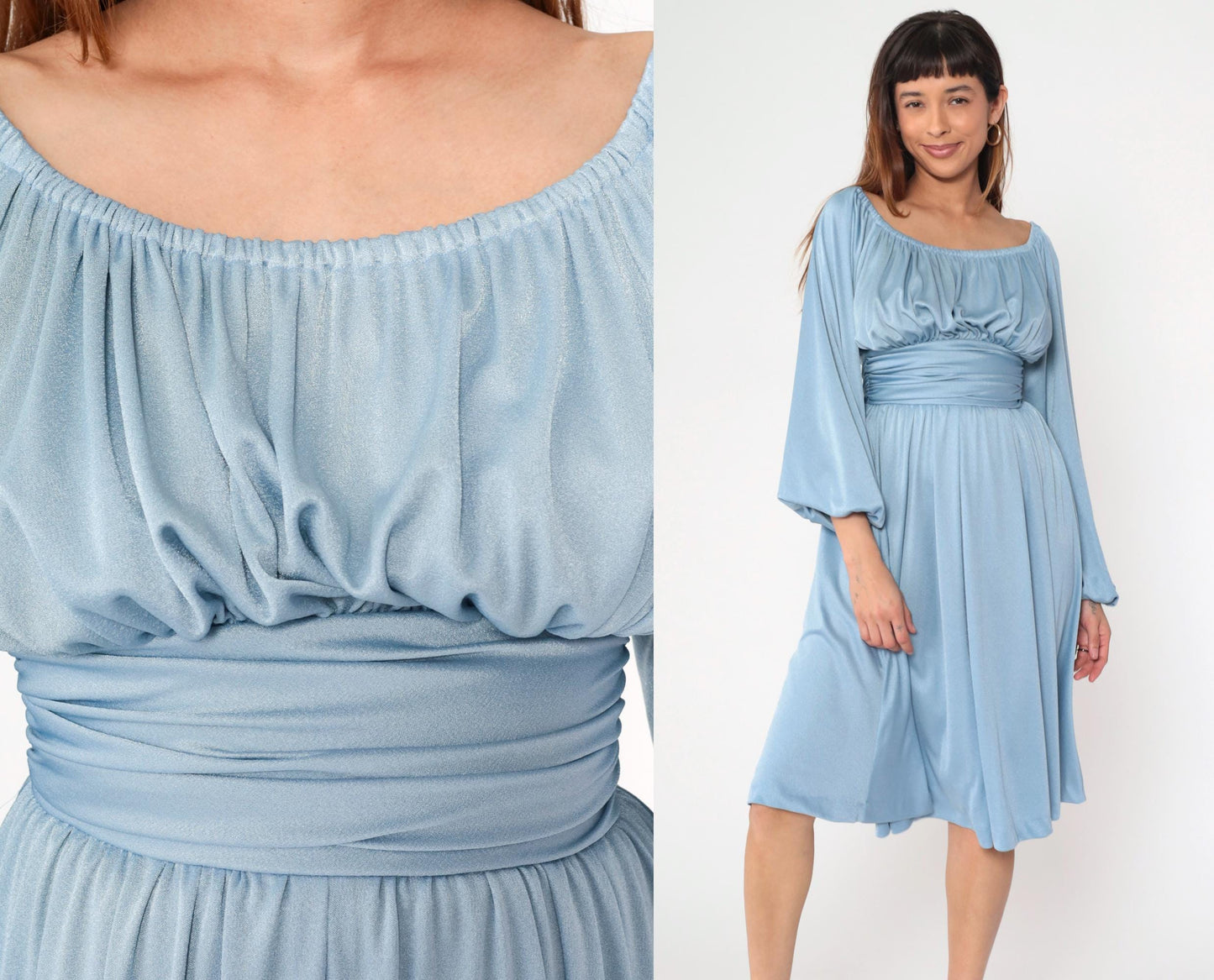 70s Blue Peasant Midi Dress Empire Waist Long Sleeve Off-Shoulder Extra Small