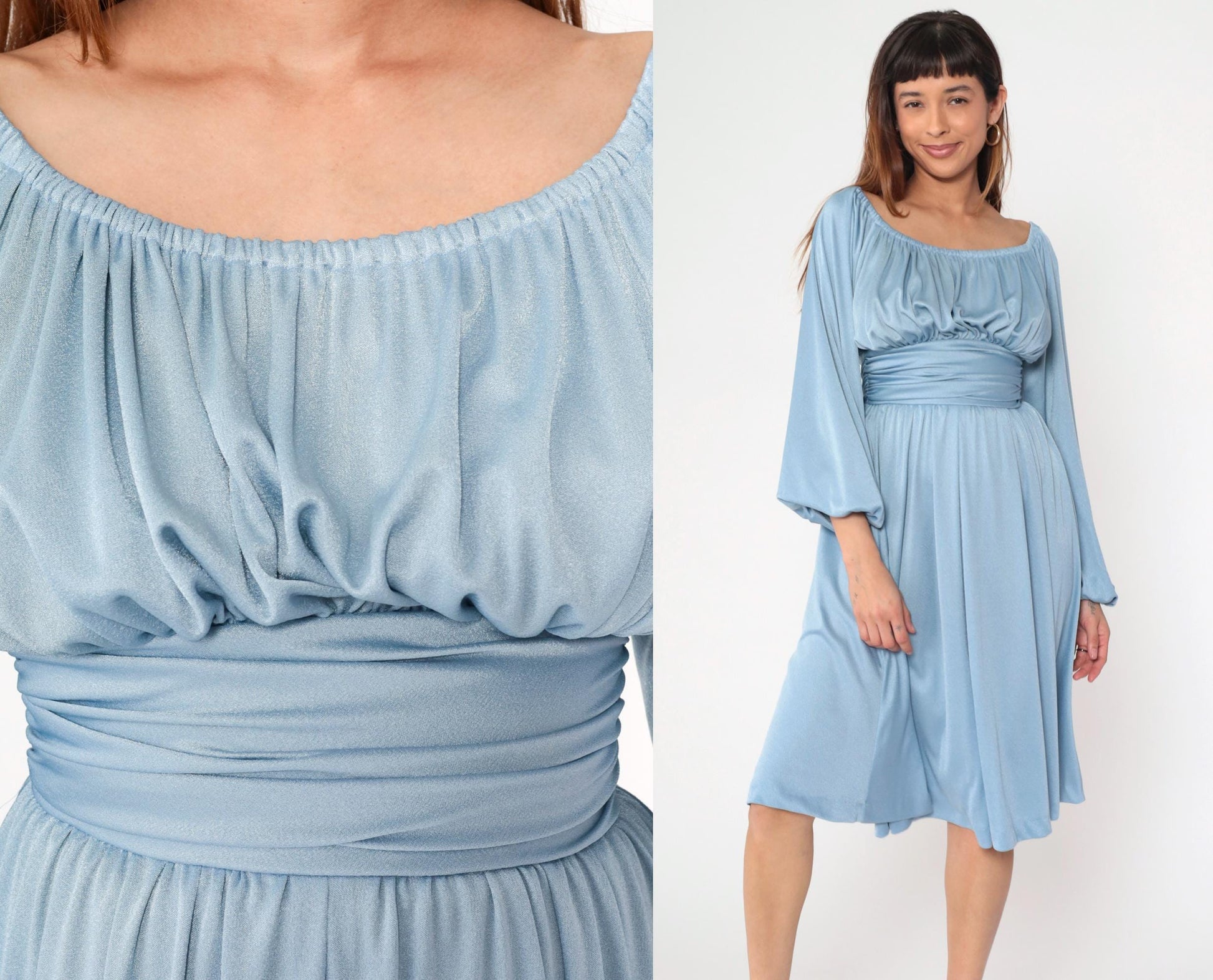 70s Blue Peasant Midi Dress Empire Waist Long Sleeve Off-Shoulder Extra Small