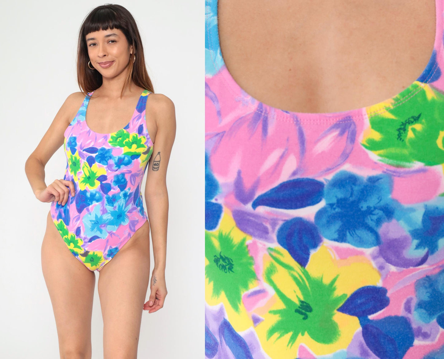 90s Floral One-Piece Swimsuit Scoop Back Pink Purple Blue Medium