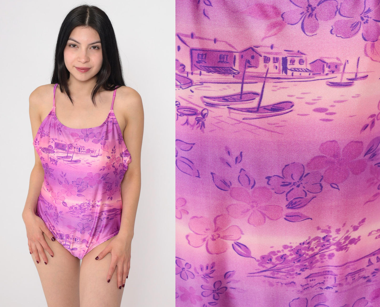 90s Islander Tropical Floral One-Piece Swimsuit Purple Pink Ombre Large