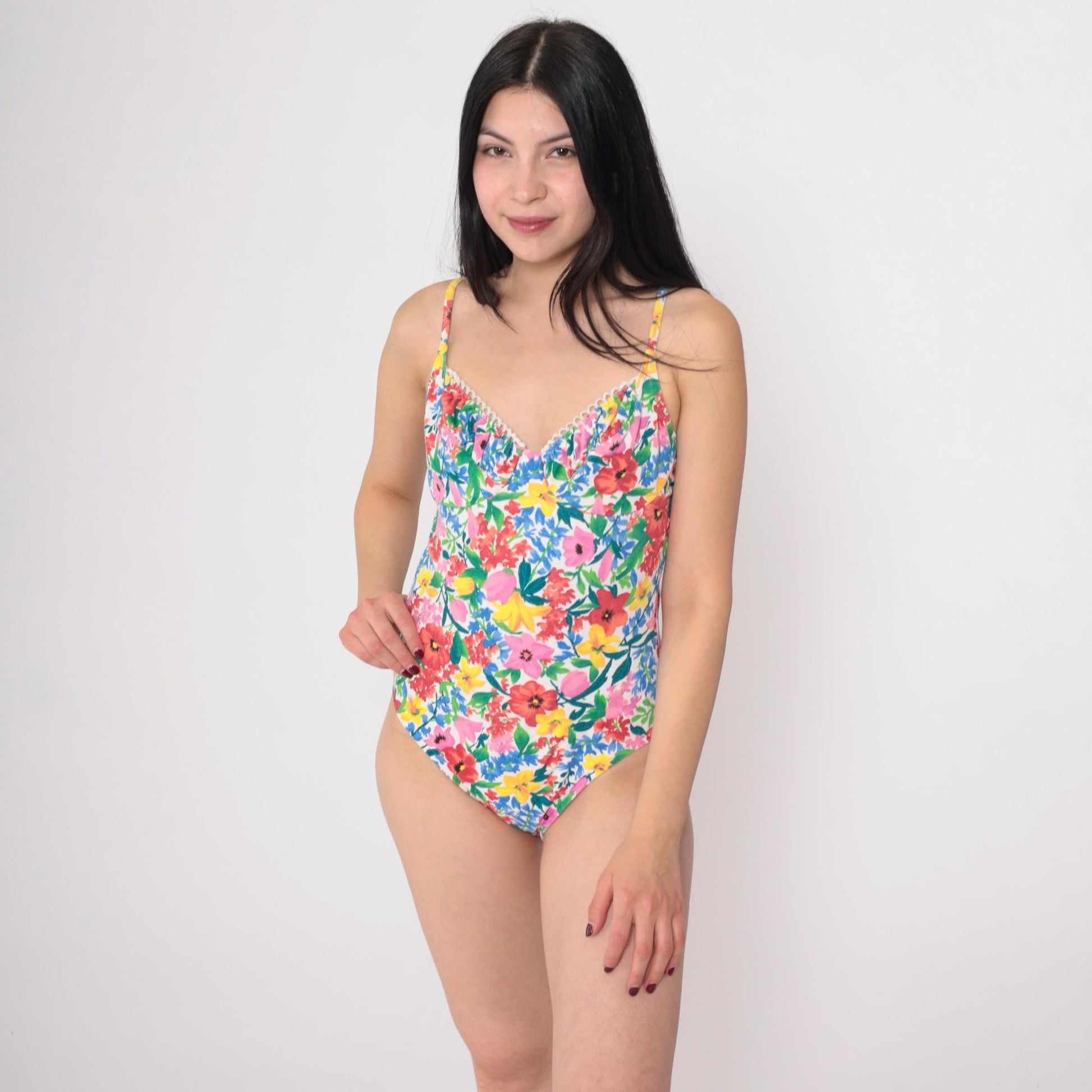 90s Jantzen Floral One-Piece Swimsuit Bustier Cut Medium