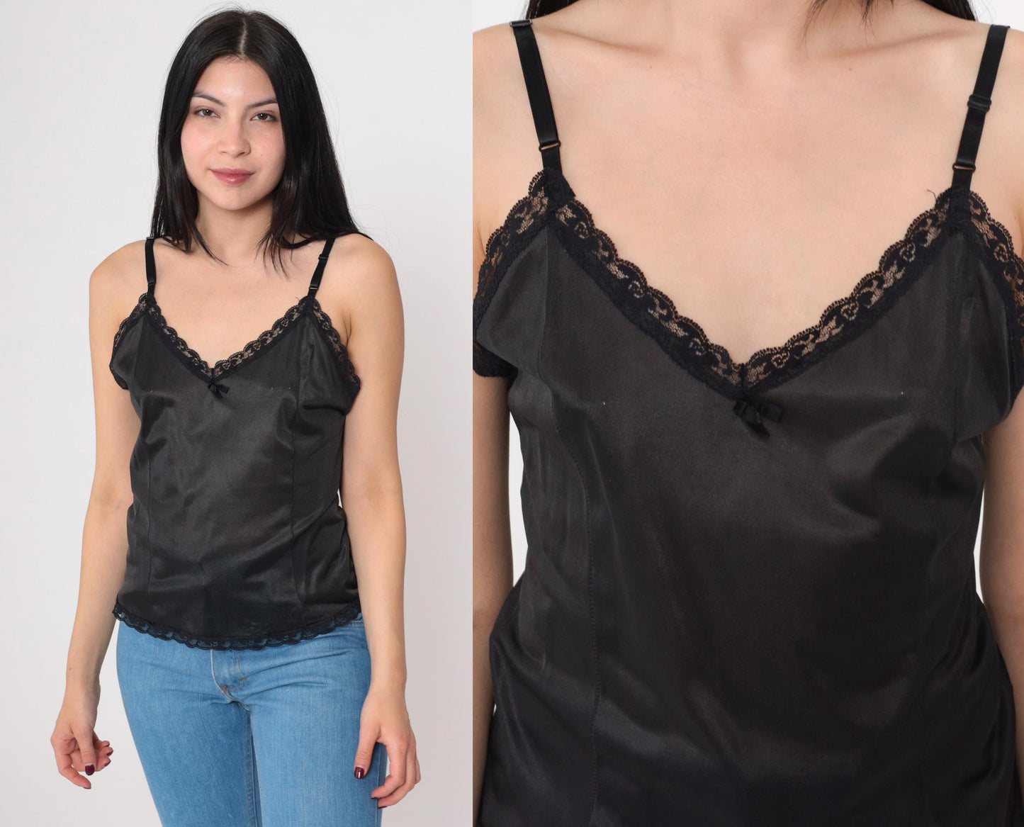 90s Black Camisole Lace Trim V-Neck Nylon Cami Top Small