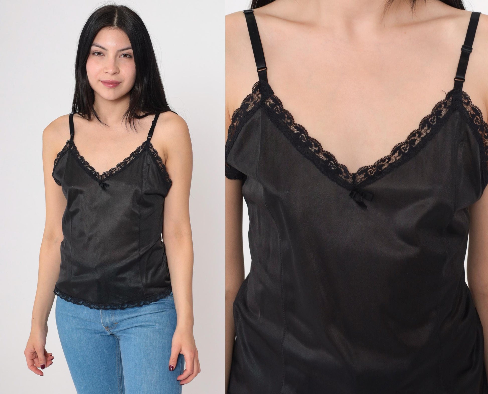 90s Black Camisole Lace Trim V-Neck Nylon Cami Top Small