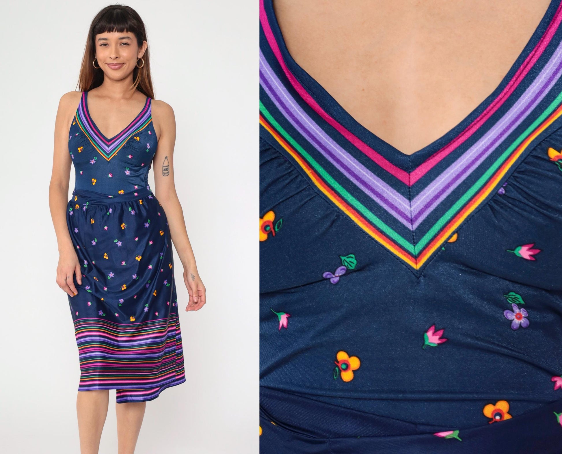 80s Navy Floral Swimsuit & Maxi Wrap Skirt Set V-Neck Boyleg One-Piece Medium 8