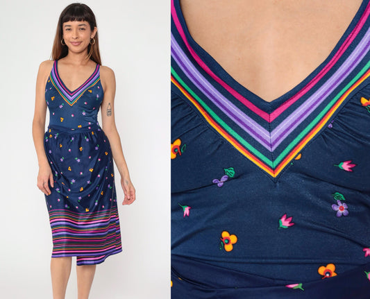 80s Navy Floral Swimsuit & Maxi Wrap Skirt Set V-Neck Boyleg One-Piece Medium 8