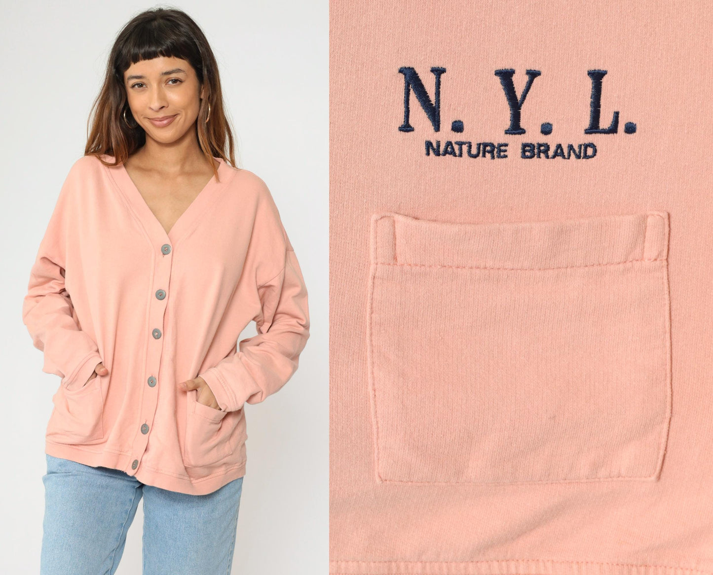 90s Peach Cardigan Sweatshirt N.Y.I. Nature Brand Button Up Cotton Large L