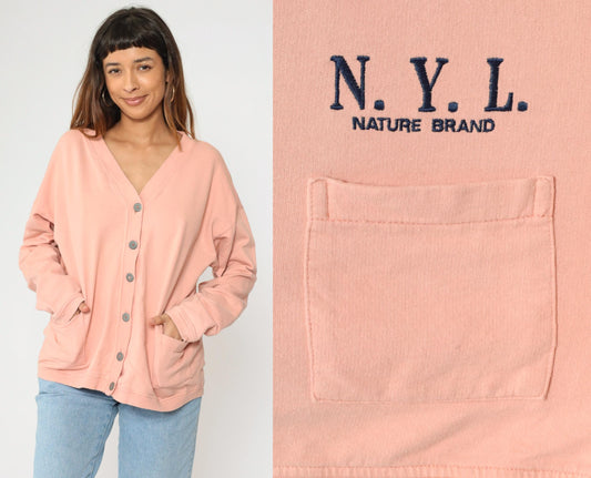 90s Peach Cardigan Sweatshirt N.Y.I. Nature Brand Button Up Cotton Large L