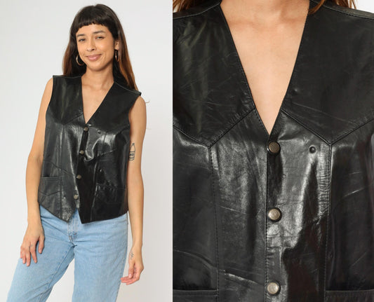 90s Black Leather Biker Vest Snap Front V Neck Sleeveless Medium