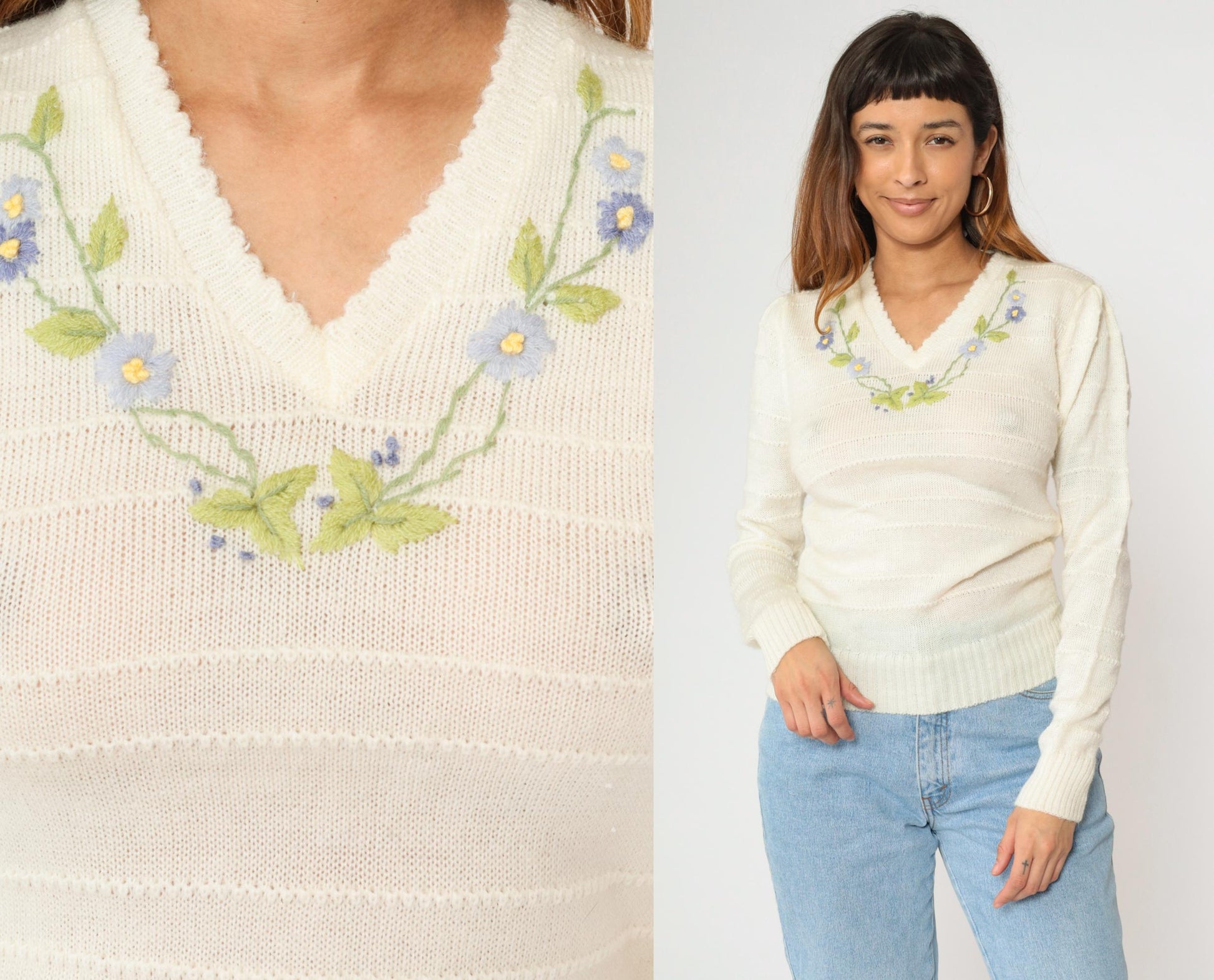 70s-80s Embroidered Floral Puff Sleeve Sweater Cream V-Neck Small