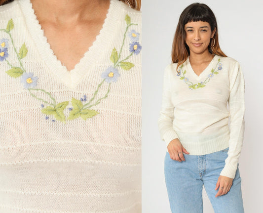 70s-80s Embroidered Floral Puff Sleeve Sweater Cream V-Neck Small