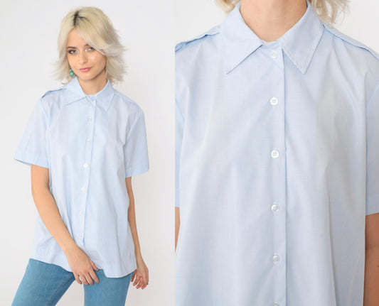 90s Baby Blue Maternity Utility Shirt Short Sleeve Button Up Small