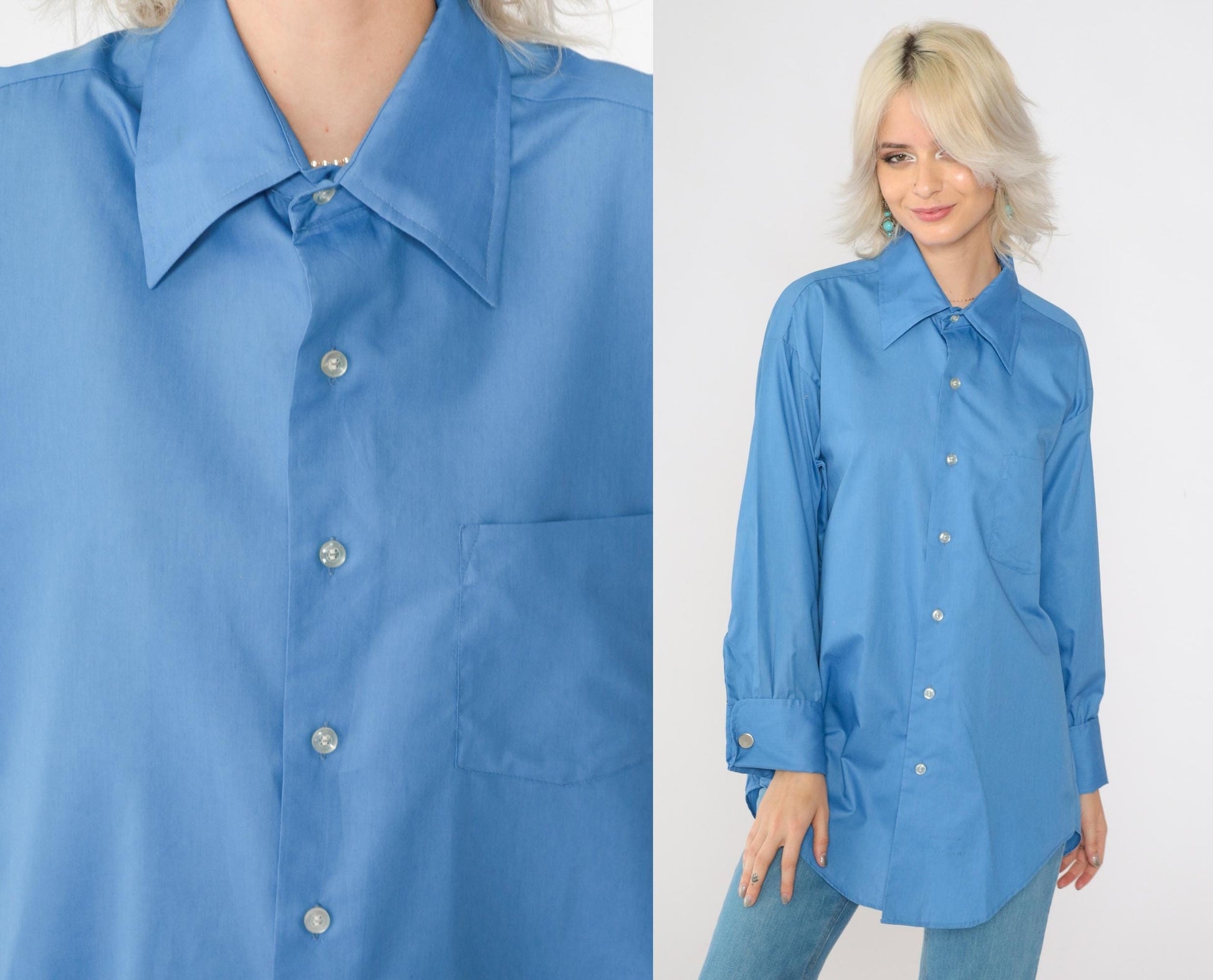 70s Capri by David of California Blue Button-Up Shirt Dagger Collar Large