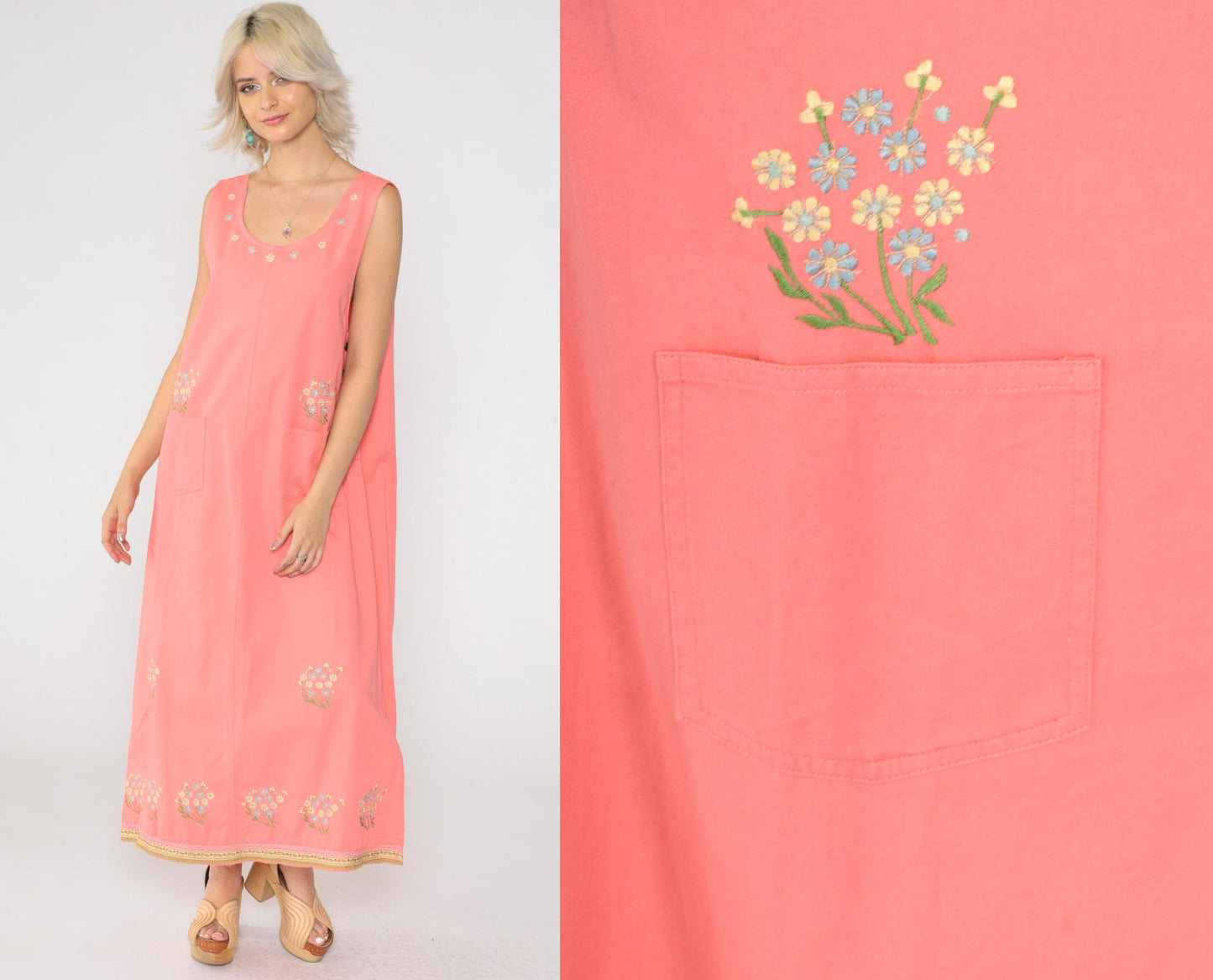 90s Pink Floral Embroidered Cotton Maxi Dress Sleeveless Large L