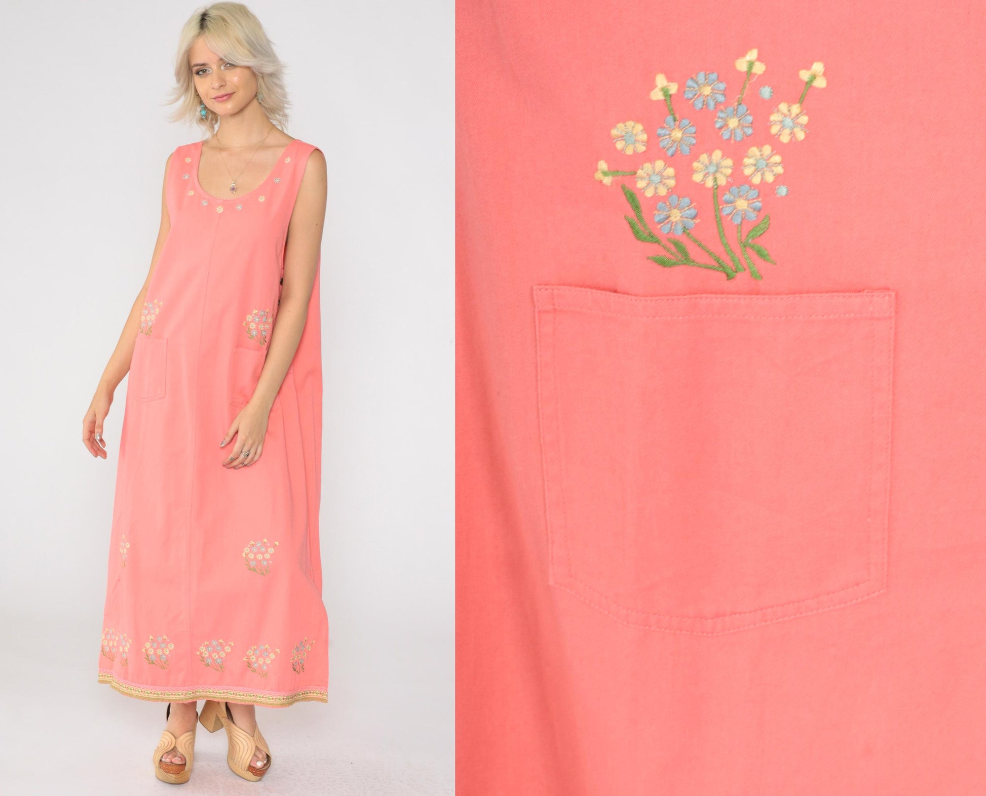 90s Pink Floral Embroidered Cotton Maxi Dress Sleeveless Large L