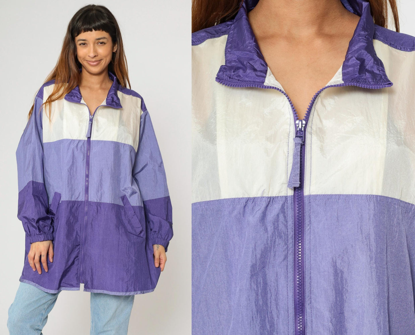 90s Purple White Colour Block Windbreaker Jacket Nylon Zip Plus Size XXL