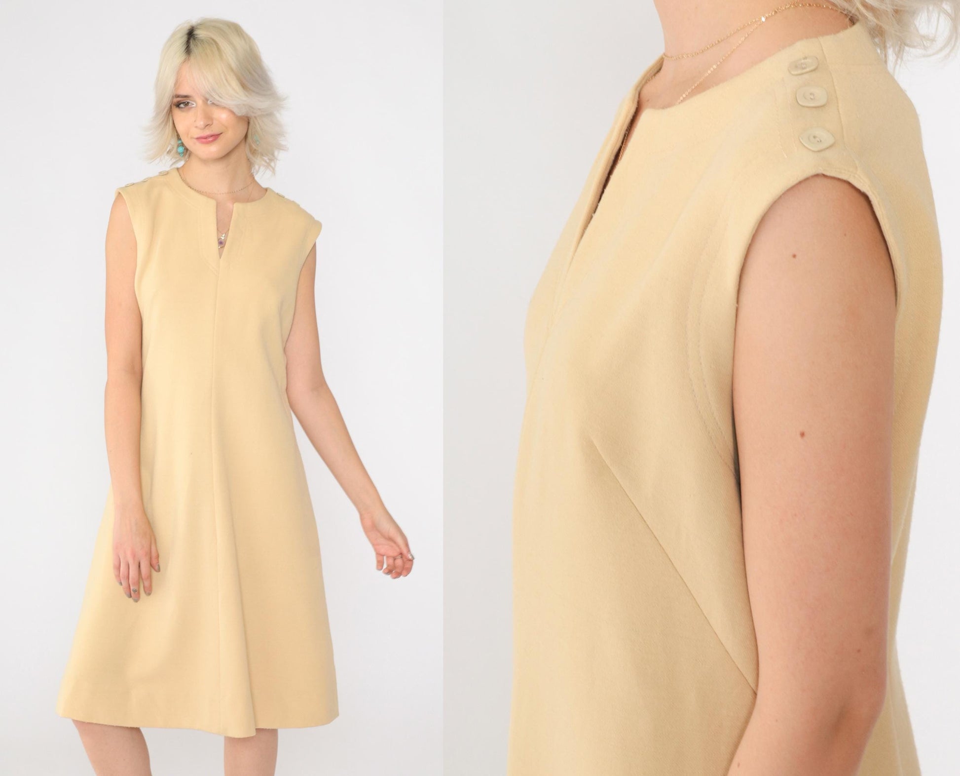 60s Mod Beige Shift Mini Dress Sleeveless Knit Button Shoulder Medium