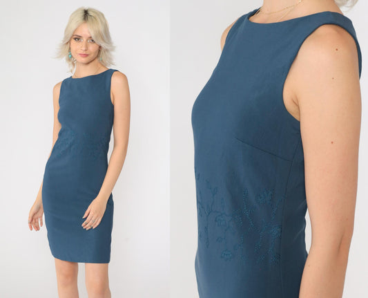 90s Blue Floral Embroidered Sheath Mini Dress Sleeveless Extra Small