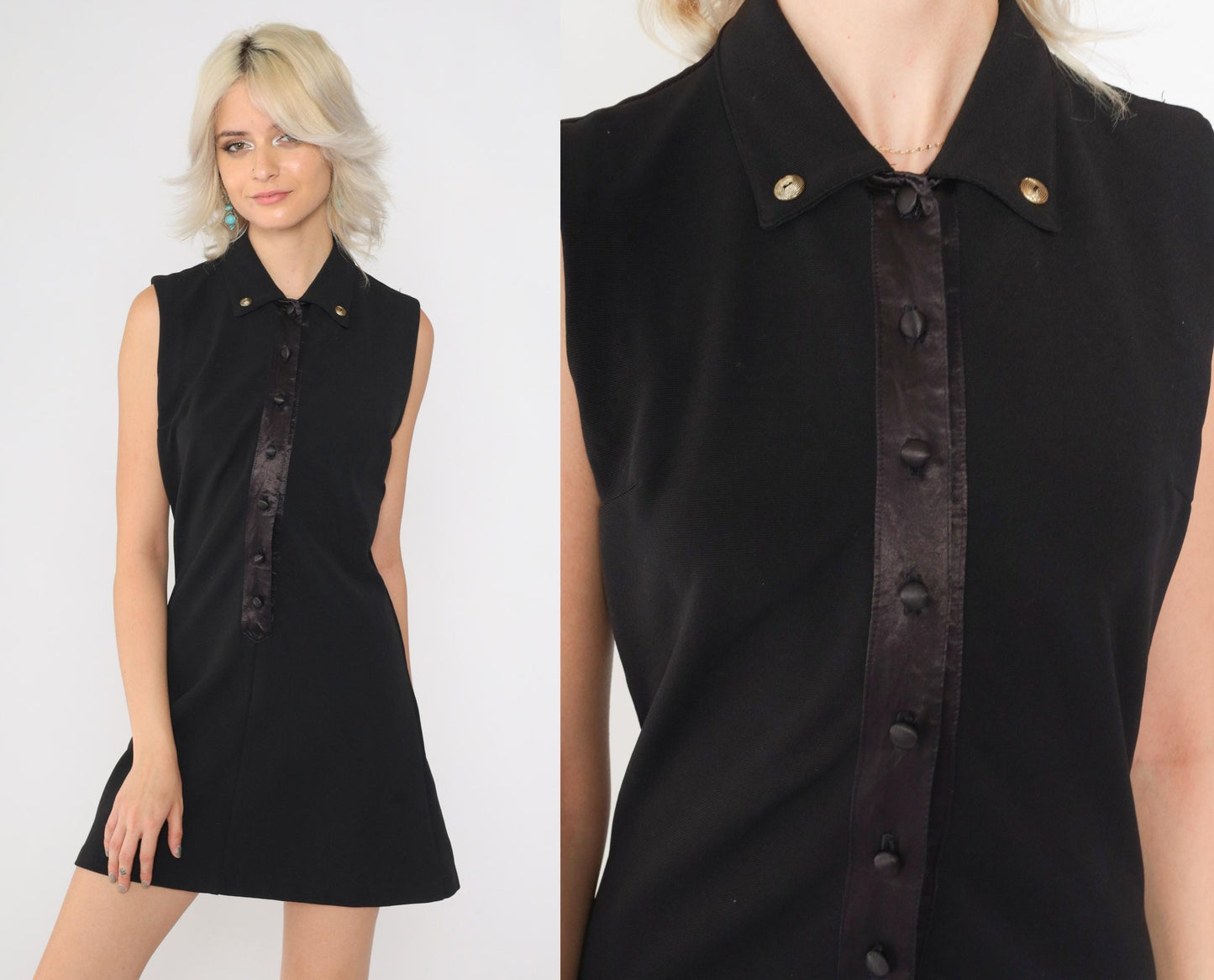 90s Black Button-Up Mini Dress Sleeveless Shift Small