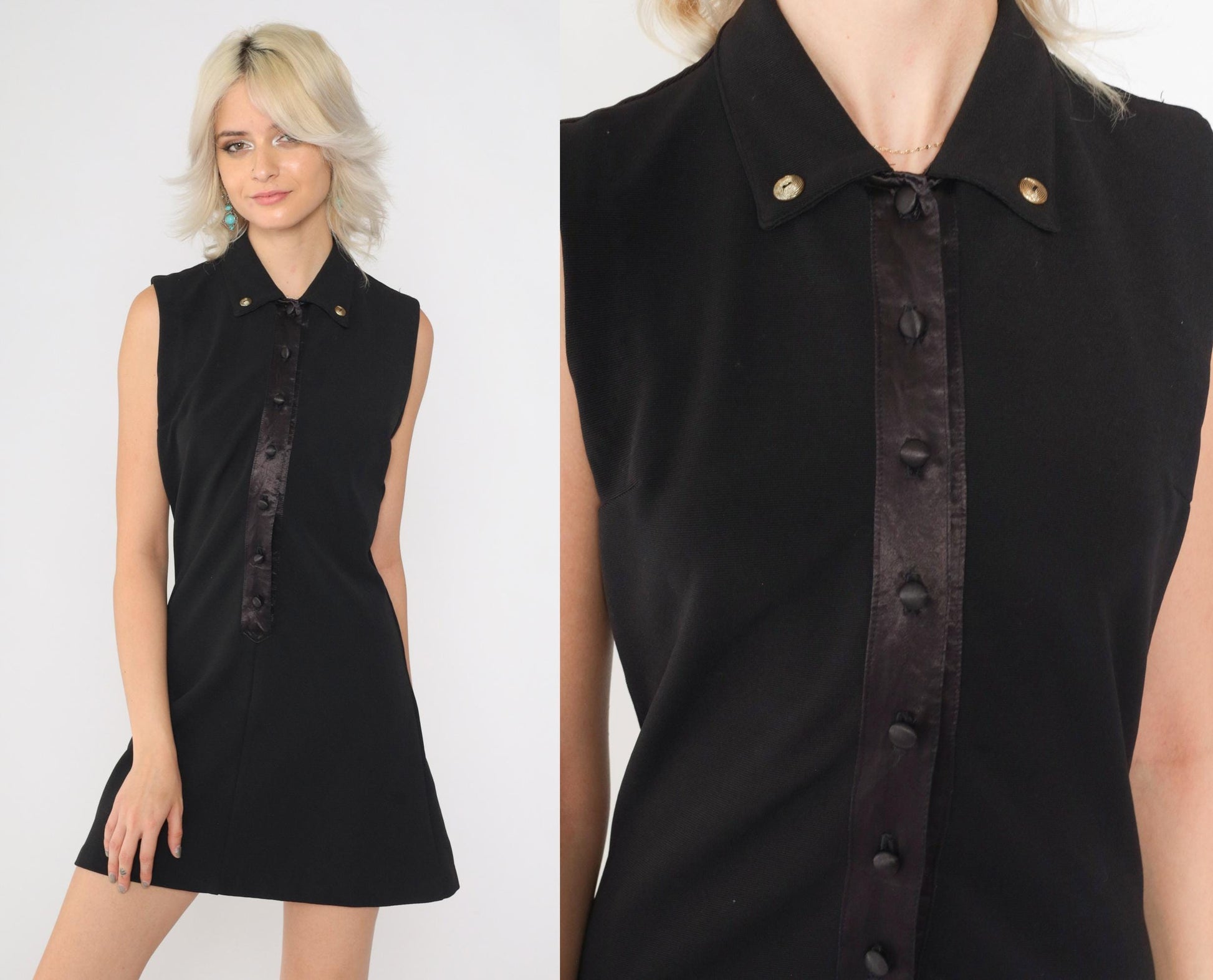 90s Black Button-Up Mini Dress Sleeveless Shift Small
