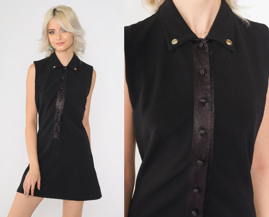 90s Black Button-Up Mini Dress Sleeveless Shift Small