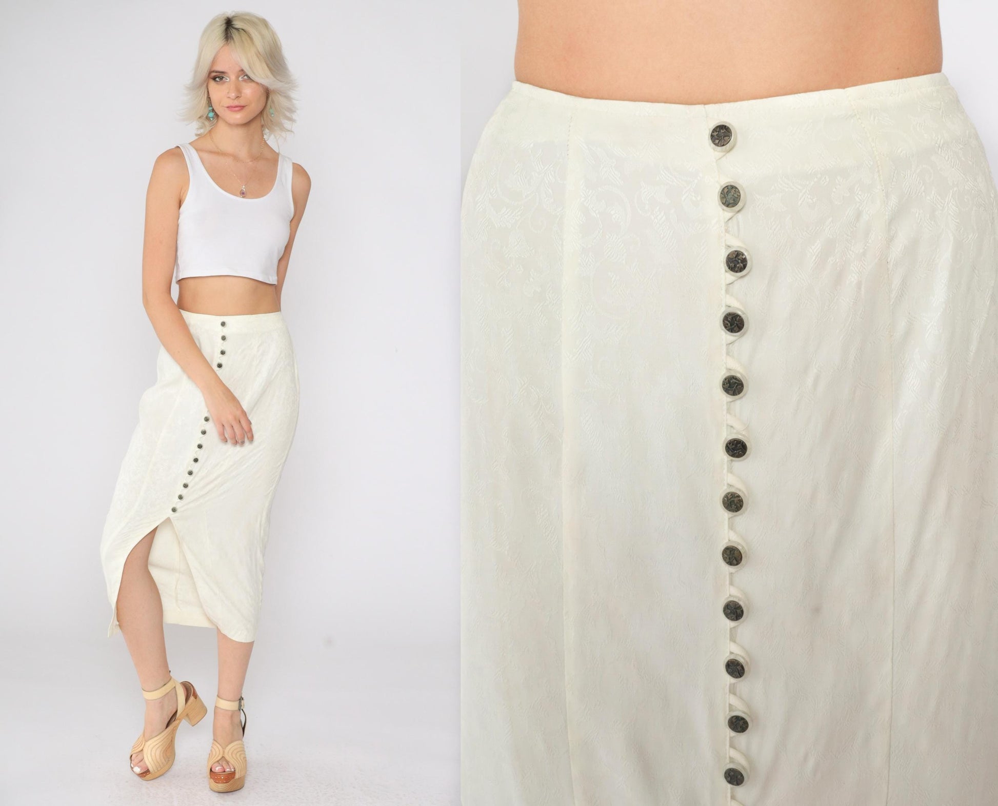 90s La Belle Cream Floral Button-Up Midi Skirt Embossed Small