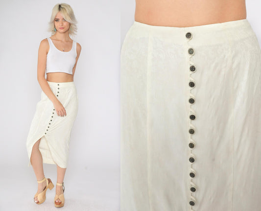 90s La Belle Cream Floral Button-Up Midi Skirt Embossed Small