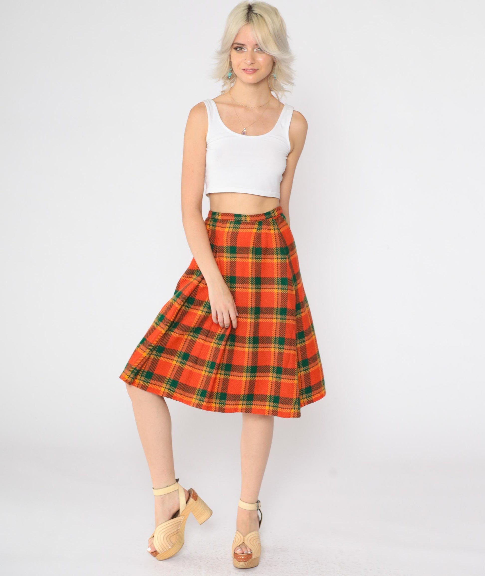 70s Plaid Wool Midi Skirt High Waisted Pleated Tartan Small