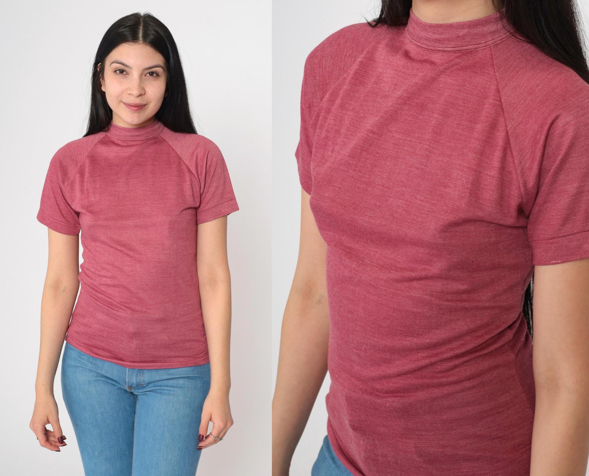 80s Pink Mock Neck Raglan T-Shirt Single Stitch Extra Small XS