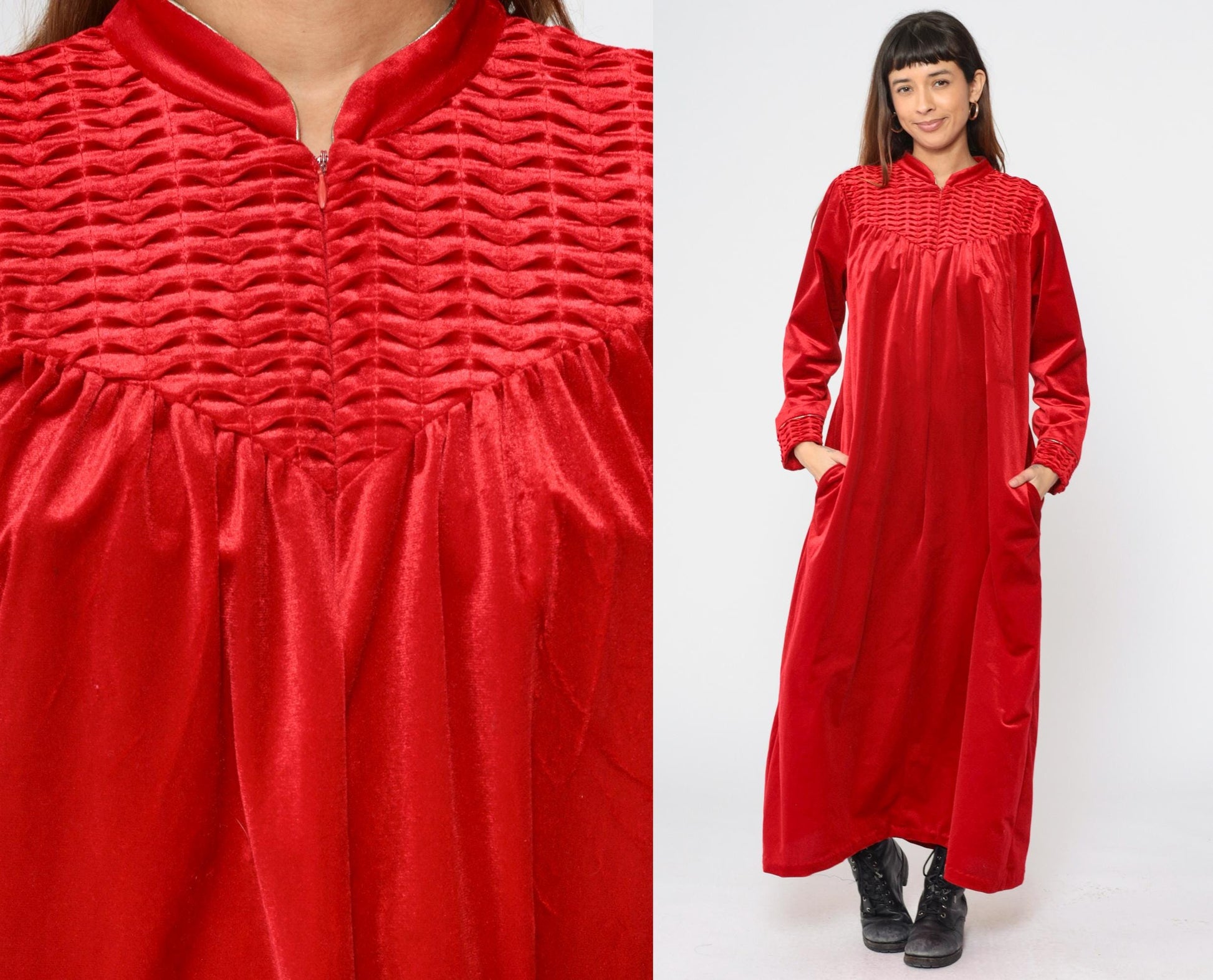 90s Red Velour Maxi Robe Dress Zip Front Gold Trim Large XL