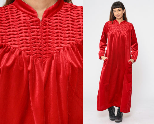90s Red Velour Maxi Robe Dress Zip Front Gold Trim Large XL