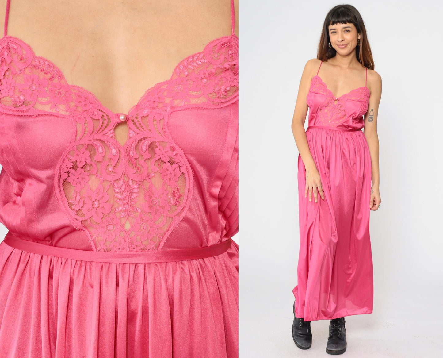 70s Lily of France Deep Pink Lace Maxi Slip Nightgown Spaghetti Strap Small S