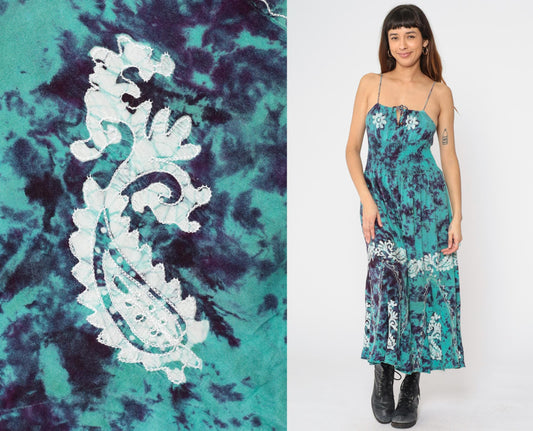 90s Tie Dye Midi Sun Dress Turquoise Purple Smocked Spaghetti Strap Small Medium