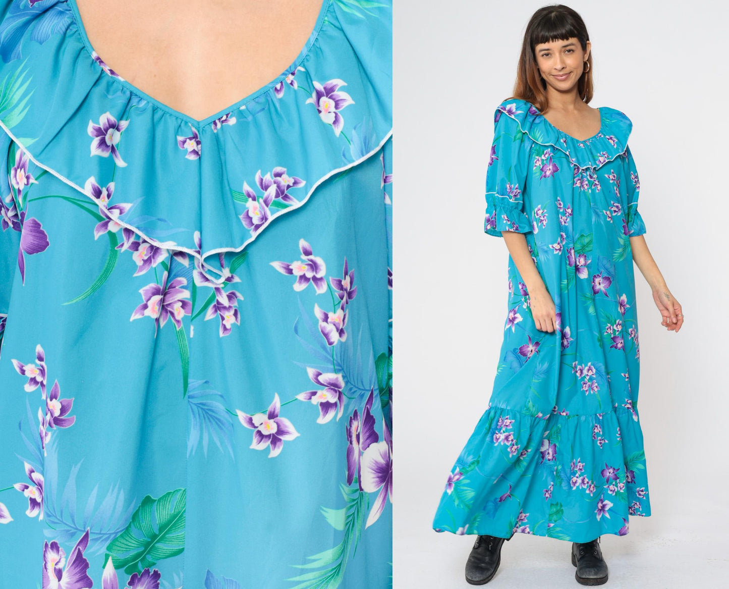 80s Blue Tropical Floral Maxi Dress 3/4 Sleeve Flounce Hem Medium