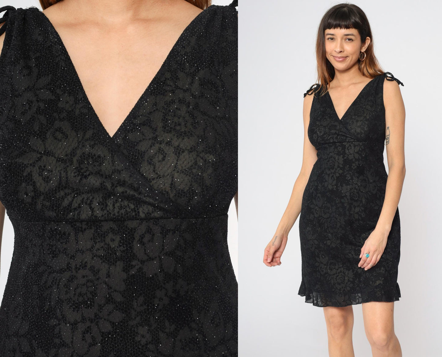 90s Y2K Black Floral Metallic Mini Dress Empire Waist V-Neck Small