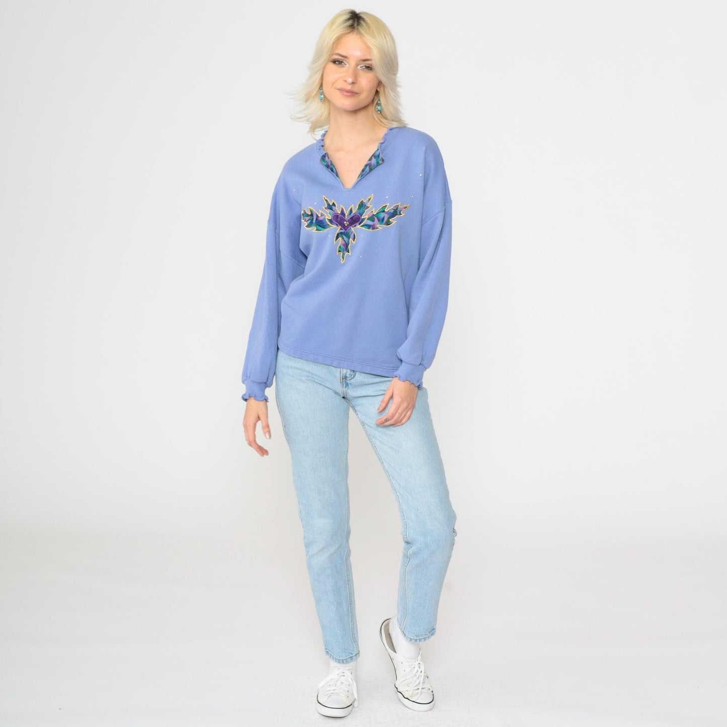 90s Jerzees Heart Leaf Studded Sweatshirt Lavender V-Neck Extra Large XXL