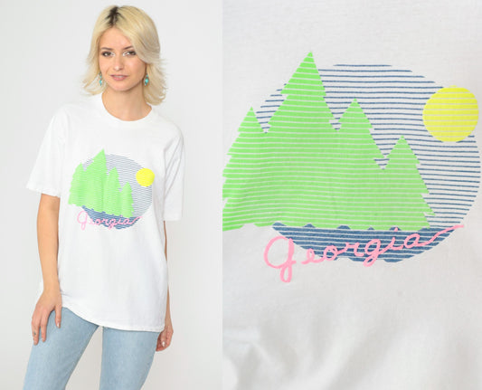 90s Georgia Forest Lake Nature Graphic T-Shirt White Cotton Medium