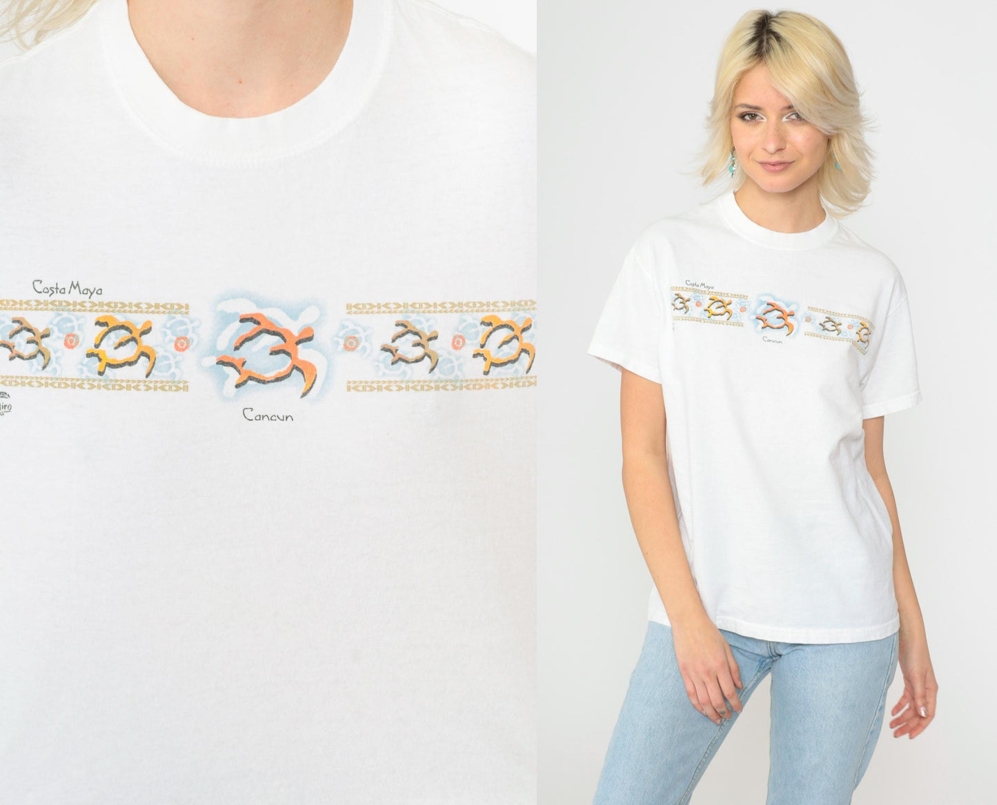 90s Cancun Mexico Sea Turtle Graphic T-Shirt White Crewneck Small